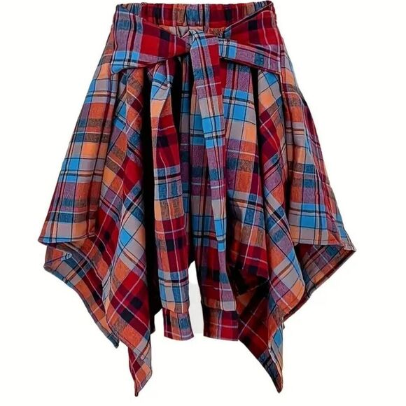 Women's Flannel Asymmetrical Hemline Plaid Front Tie Skirt Medium #1 - Picture 3 of 7